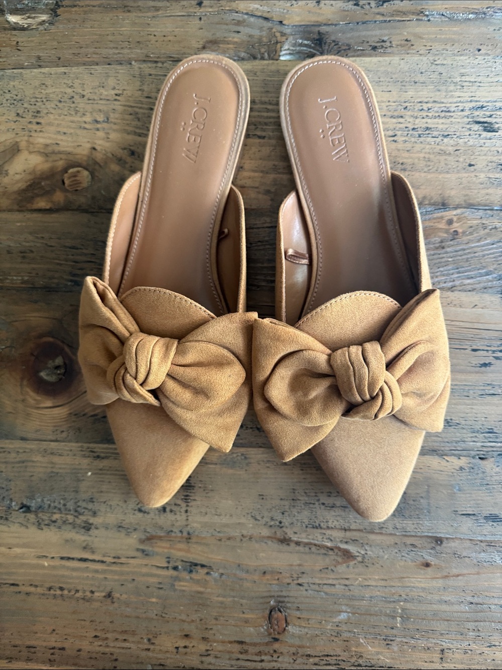 J. Crew Tan Bow Pointed Slip-On Mules